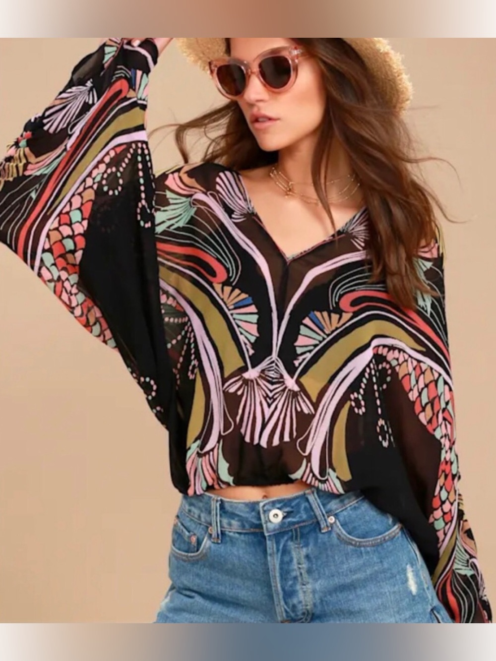 Free People X-Small Colorful Beneath The Sea Top Sheer Boho Blouse Western